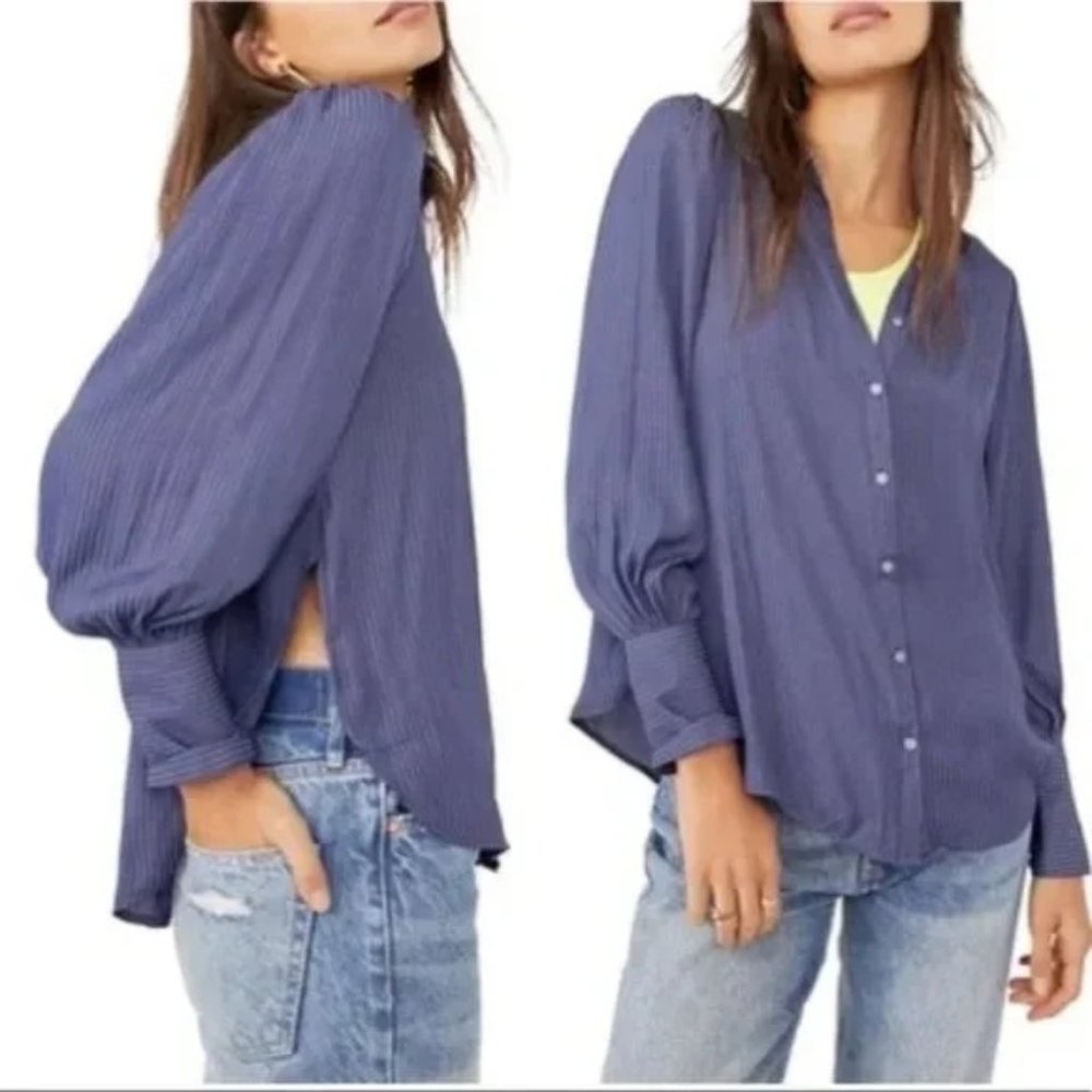 NWT Free People Quarry/Blue Serena Silky Shirt Stripe Button Down Shirt S